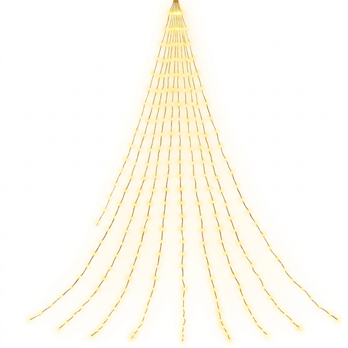 Warm golden cascade LED string lights on a white background