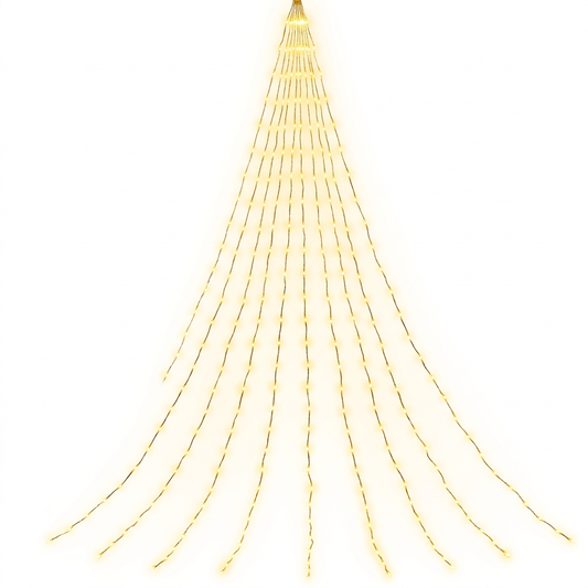 Warm golden cascade LED string lights on a white background