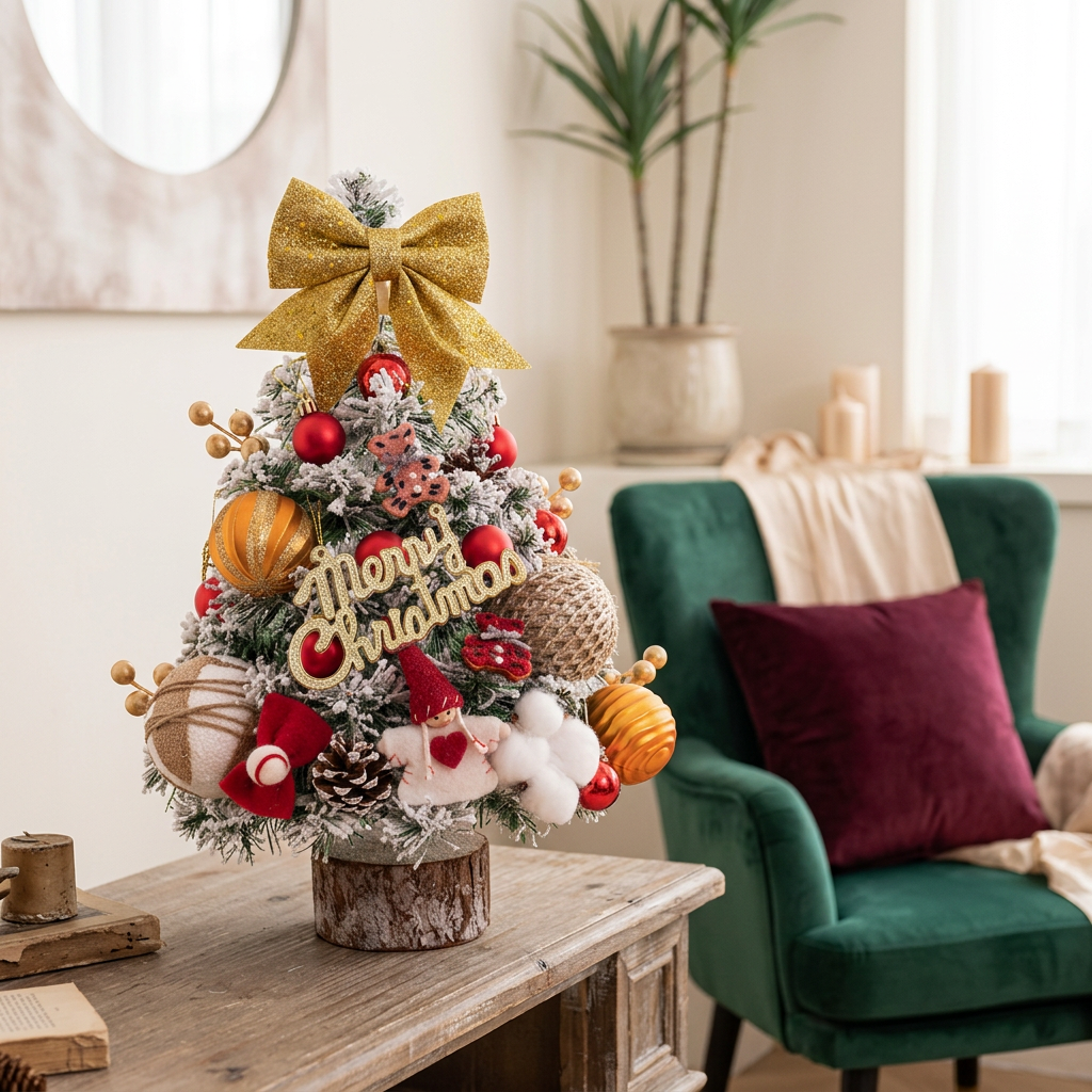 Small Christmas tree displayed on a living room console