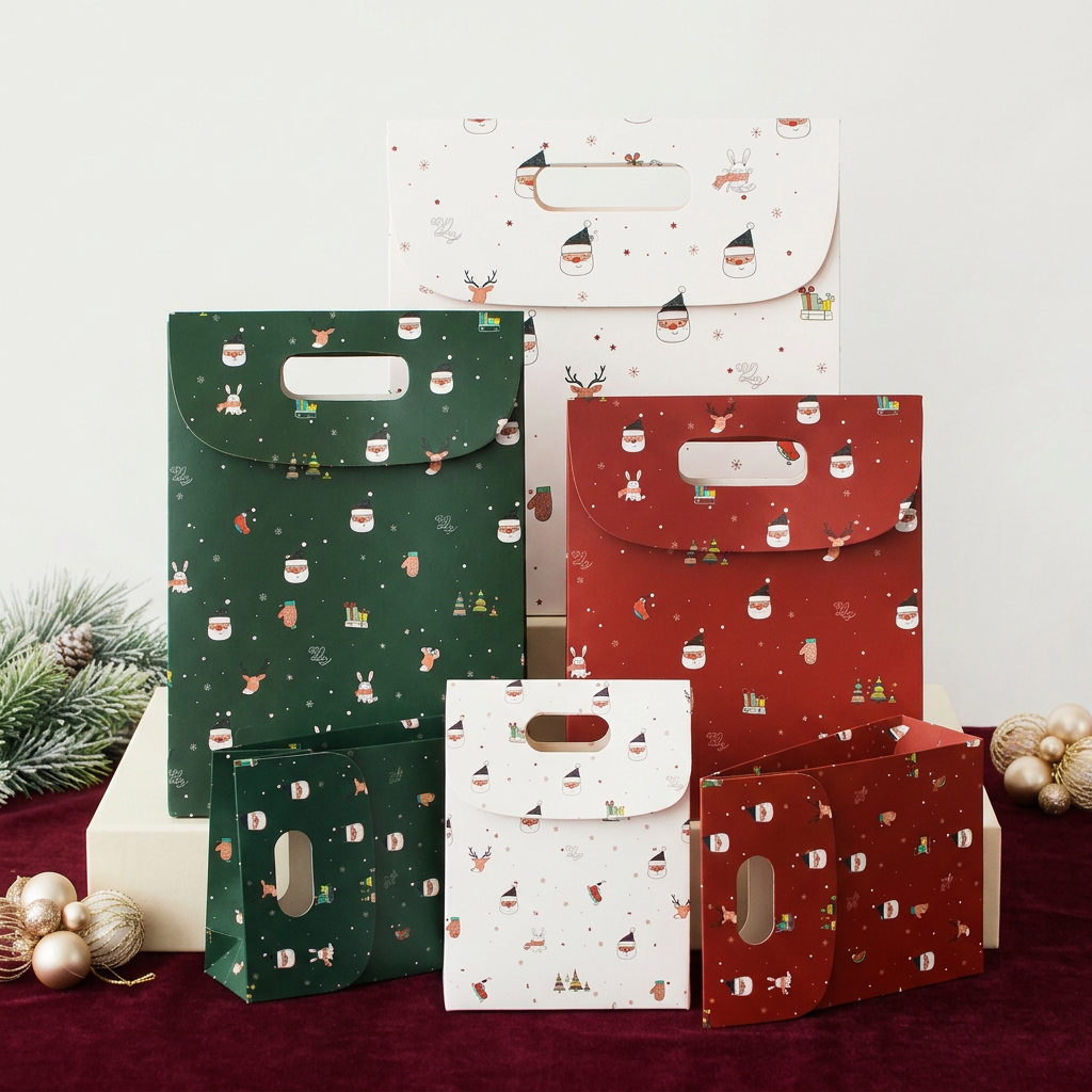 Christmas gift bags in a festive studio arrangement